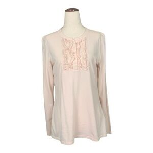 J Jill Ruffle Tuxedo Front Henley Long Sleeve Tee Light Pink 100% Cotton Small